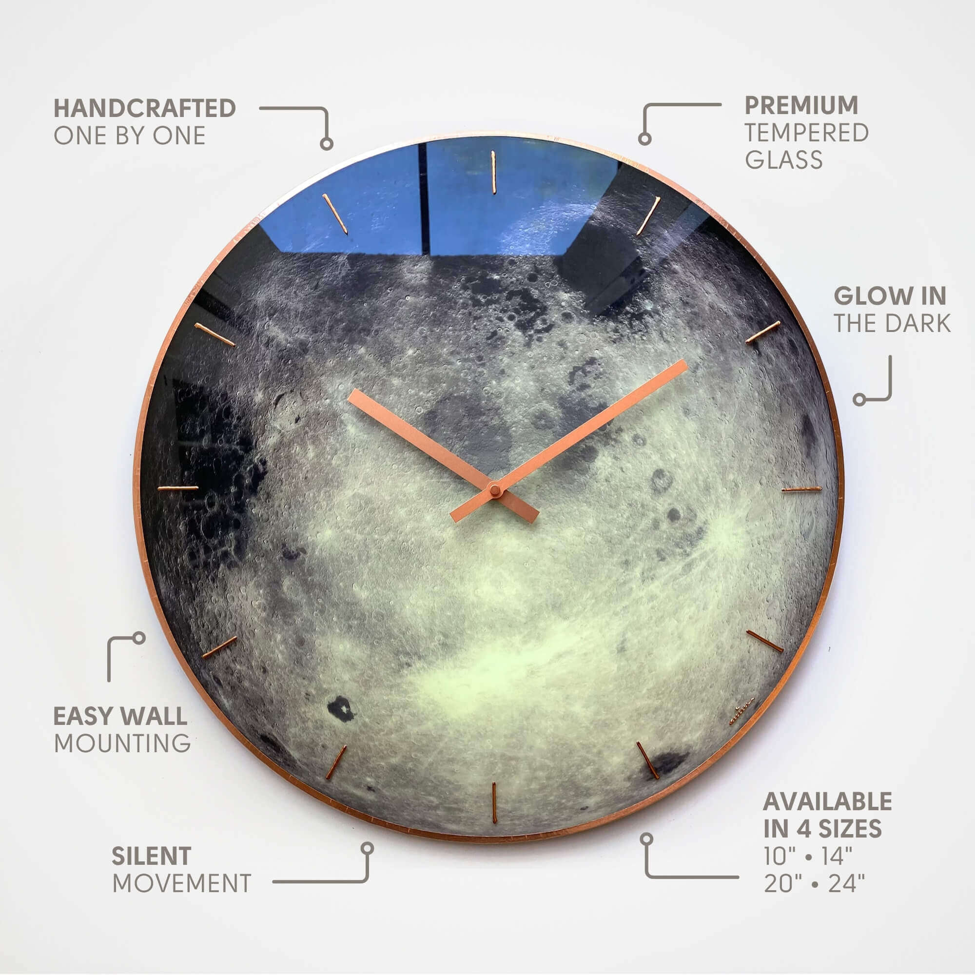 Moon glass wall clock, glow in the dark celestial decor, planet Moon, milliart glass, Astrology Gift