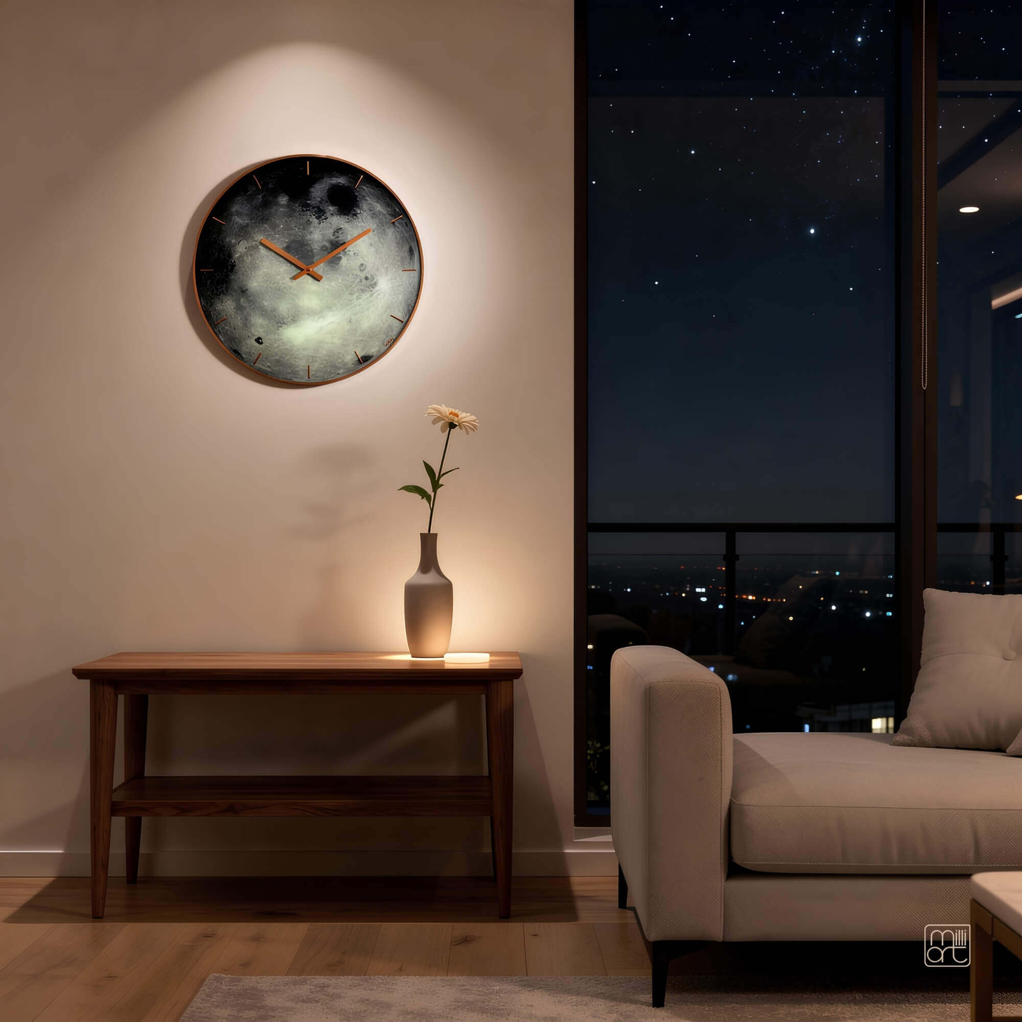 Moon glass wall clock, glow in the dark celestial decor, planet Moon, milliart glass, Astrology Gift