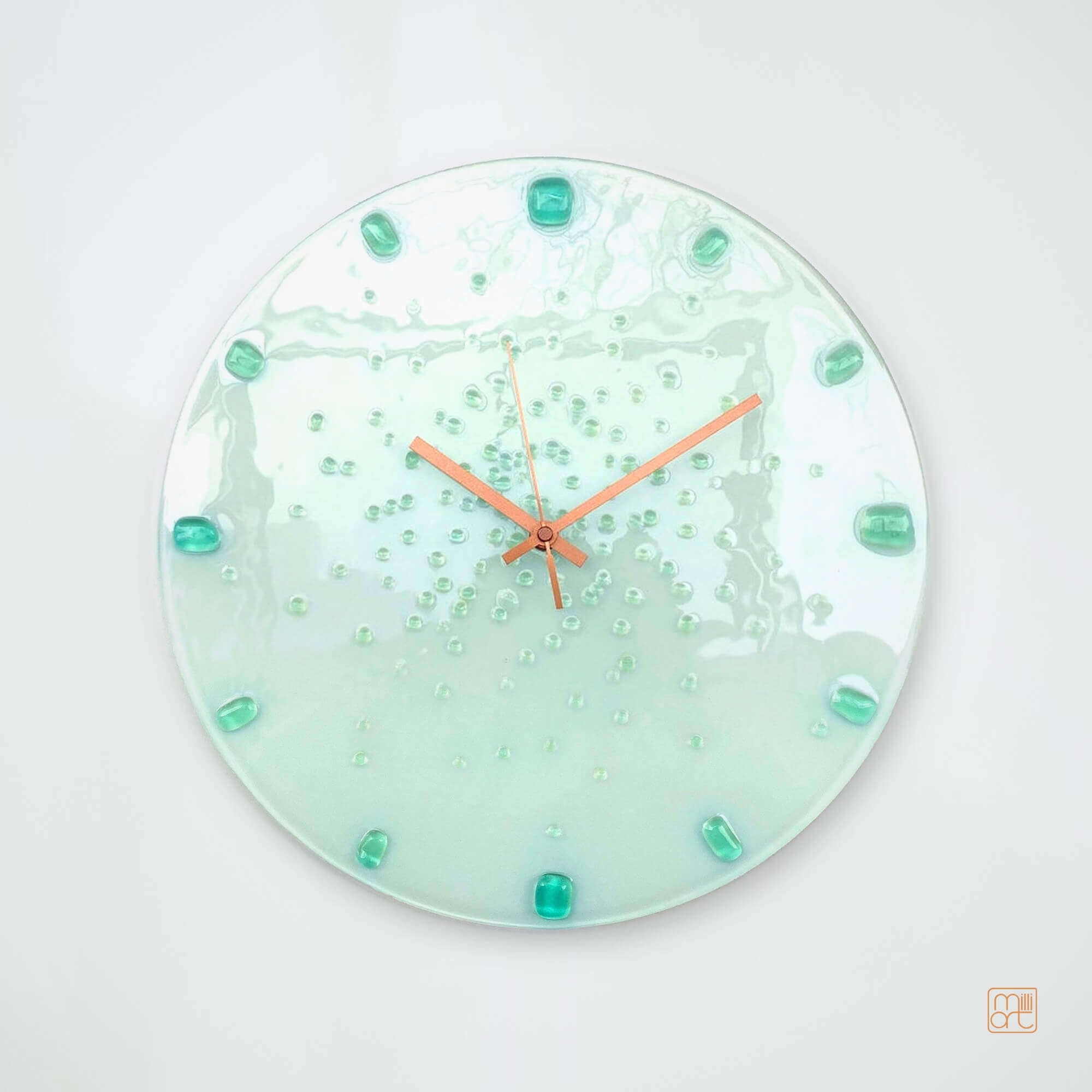 Fused Glass Wall Clock, Glow in the Dark, Milliart Glass, White