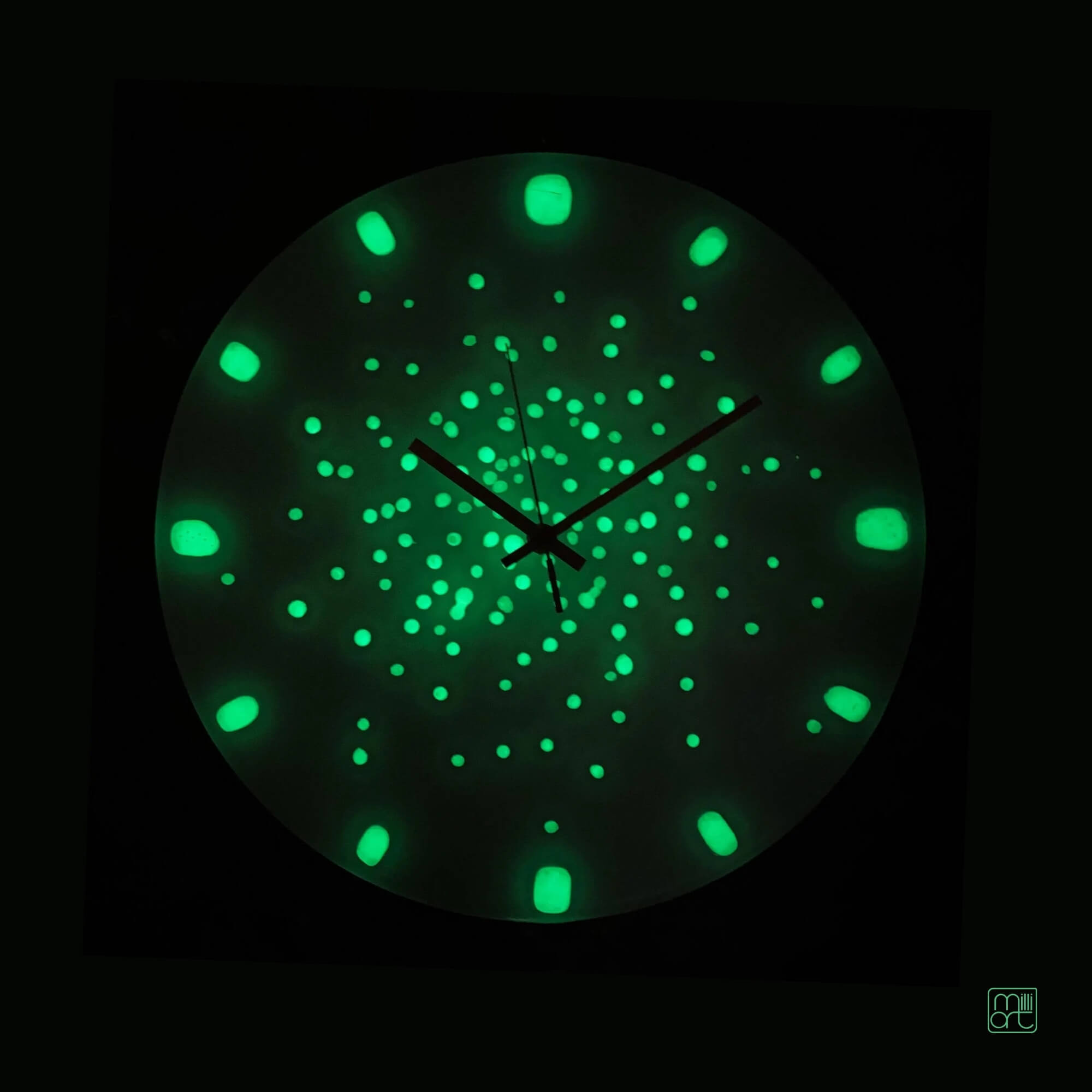 Fused Glass Wall Clock, Glow in the Dark, Milliart Glass, White Dark