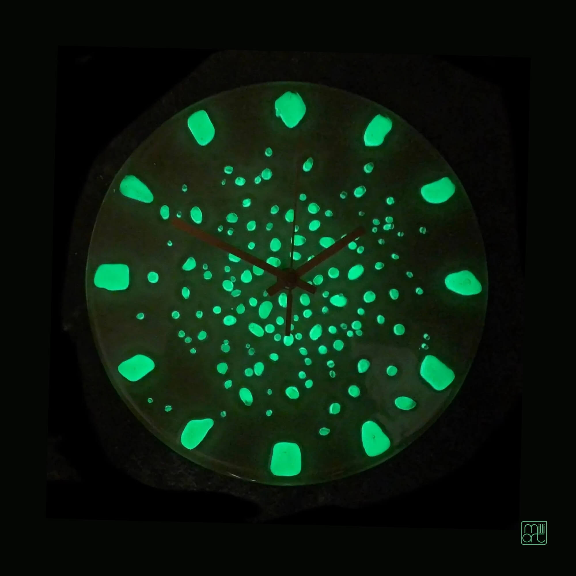 Fused Glass Wall Clock, Glow in the Dark, Milliart Glass, Beige Dark