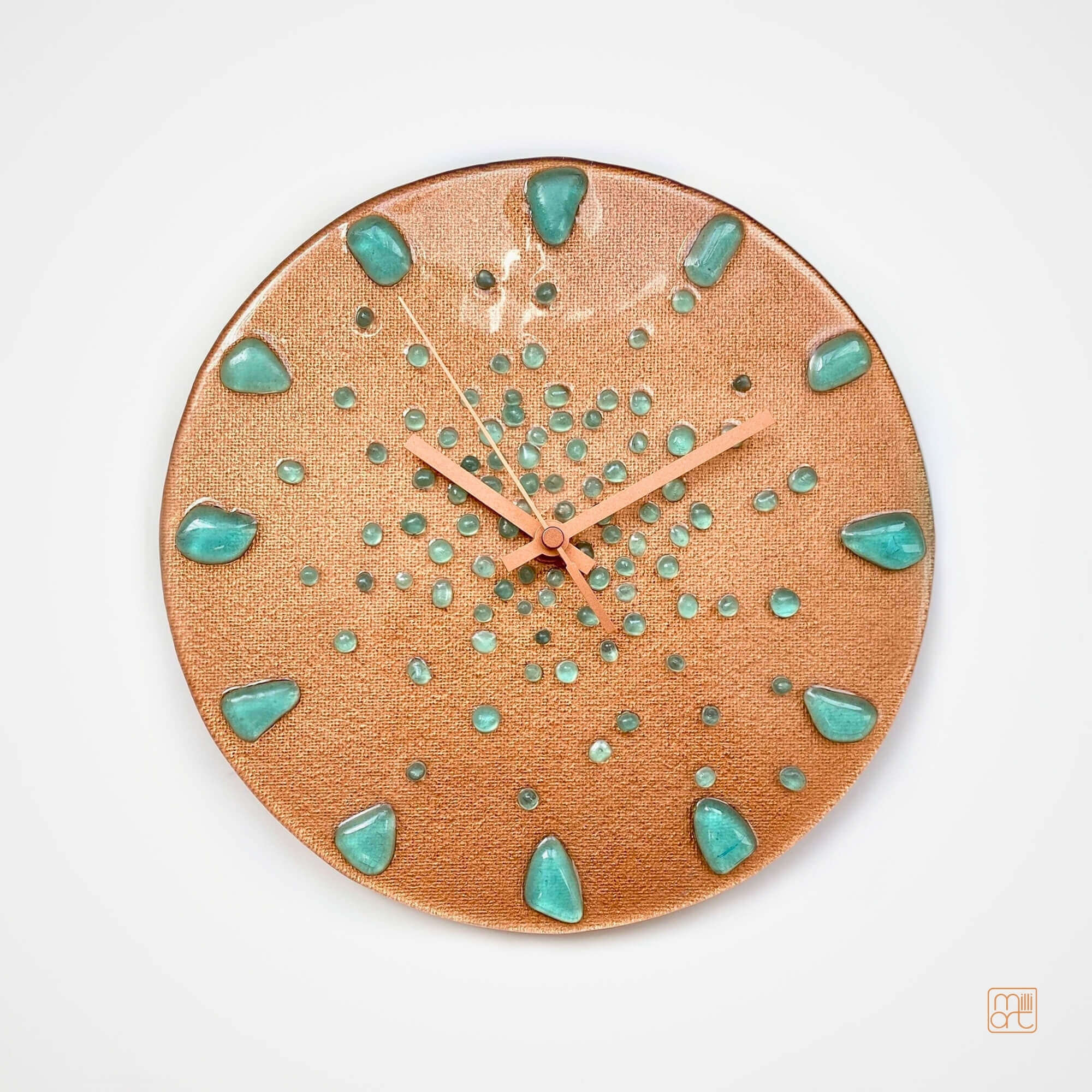 Fused Glass Wall Clock, Glow in the Dark, Milliart Glass Copper and Turquoise
