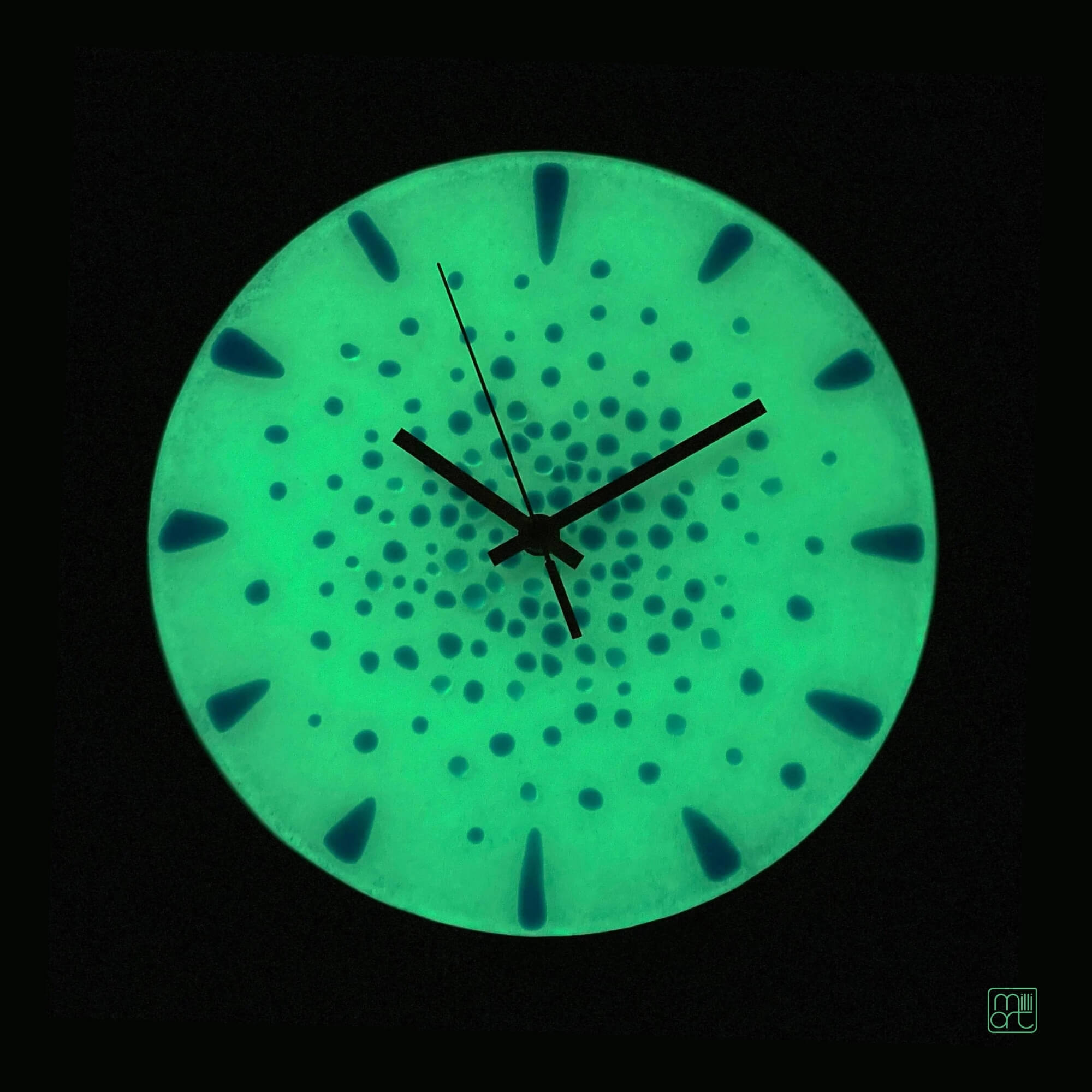 Fused Glass Wall Clock, Glow in the Dark, Milliart Glass Glow Dark