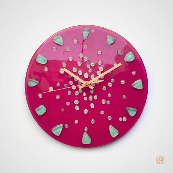Fused Glass Wall Clock, Glow in the Dark, Milliart Glass Magenta Pink