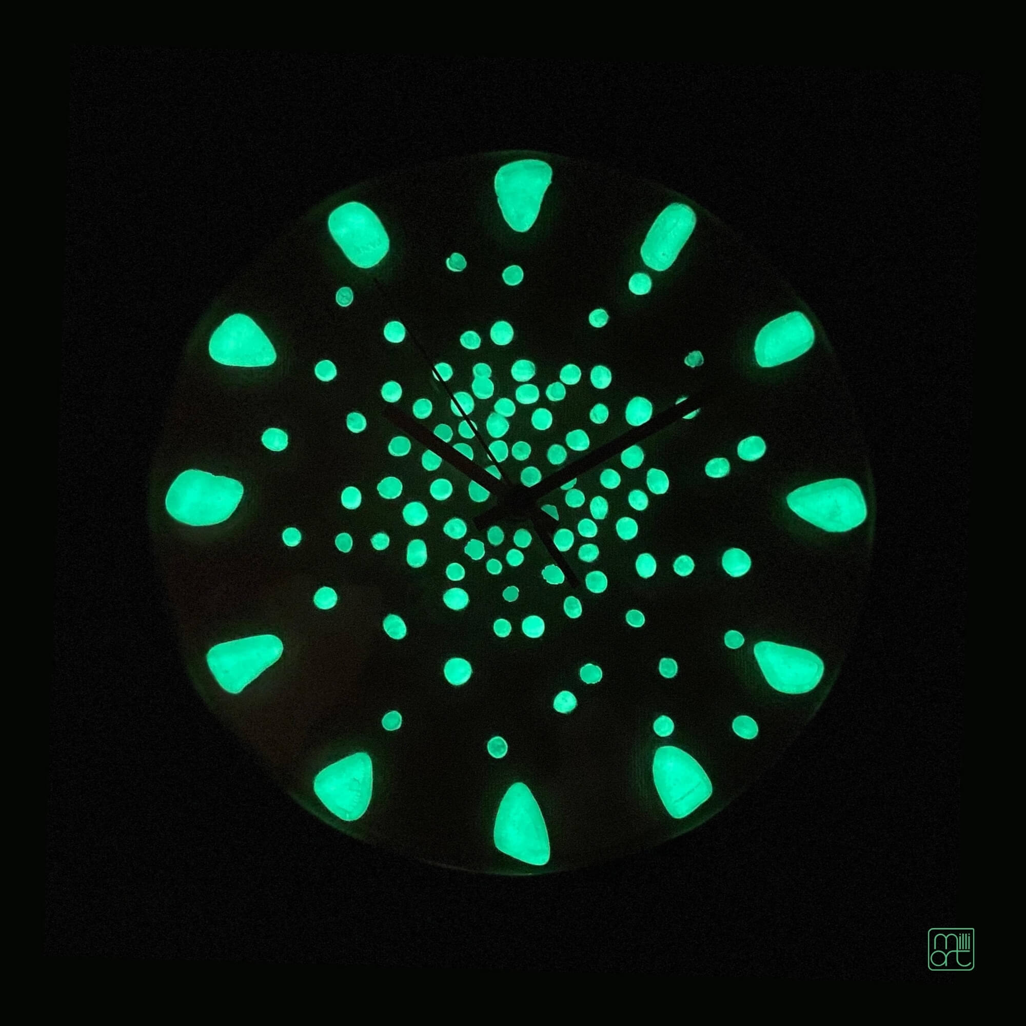 Fused Glass Wall Clock, Glow in the Dark, Milliart Glass Turquoise nad Copper