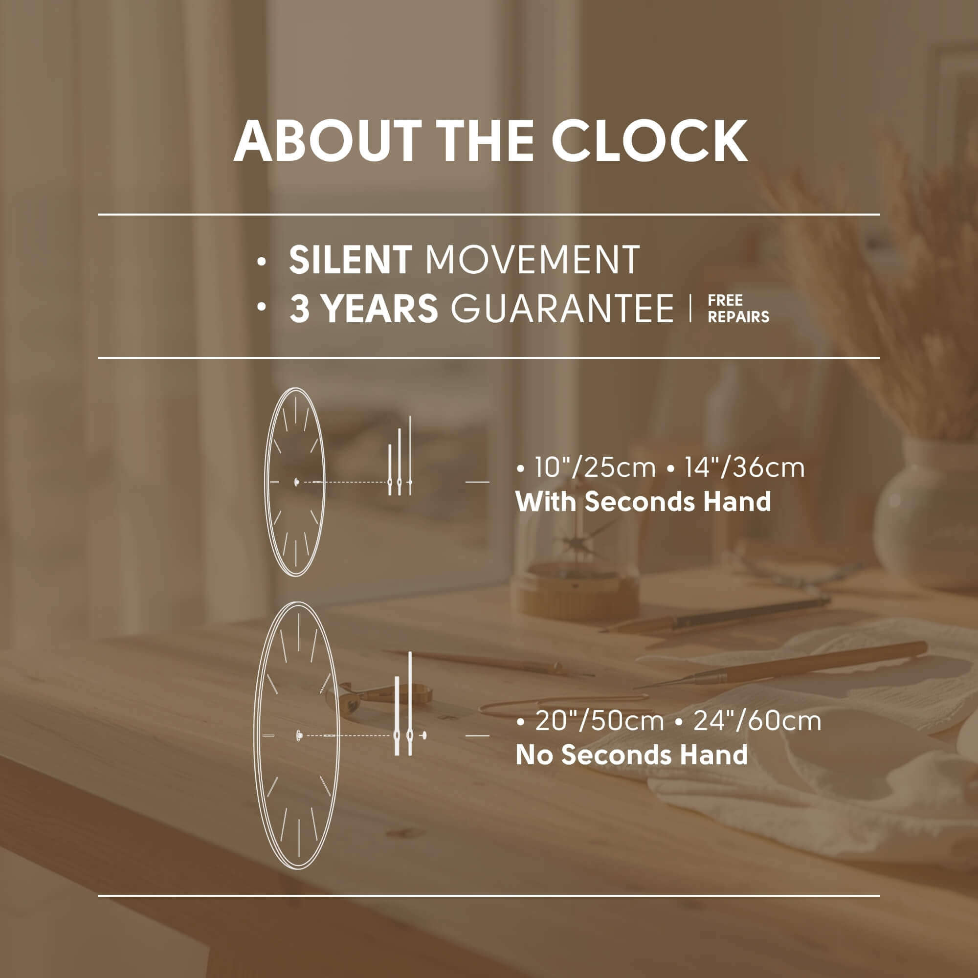 Clock information graphic showing a silent quartz movement, three-year guarantee, second-hand options for 10"/25 cm and 14"/36 cm clocks, and no second hand on 20"/50 cm and 24"/60 cm sizes.