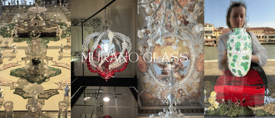 Колаж от посещението на Milliart Glass в Мурано, Италия – впечатляващи стъклени експонати от Музея на стъклото, артистичен полилей от муранско стъкло и ръчно изработена декоративна ваза край каналите на Венеция.