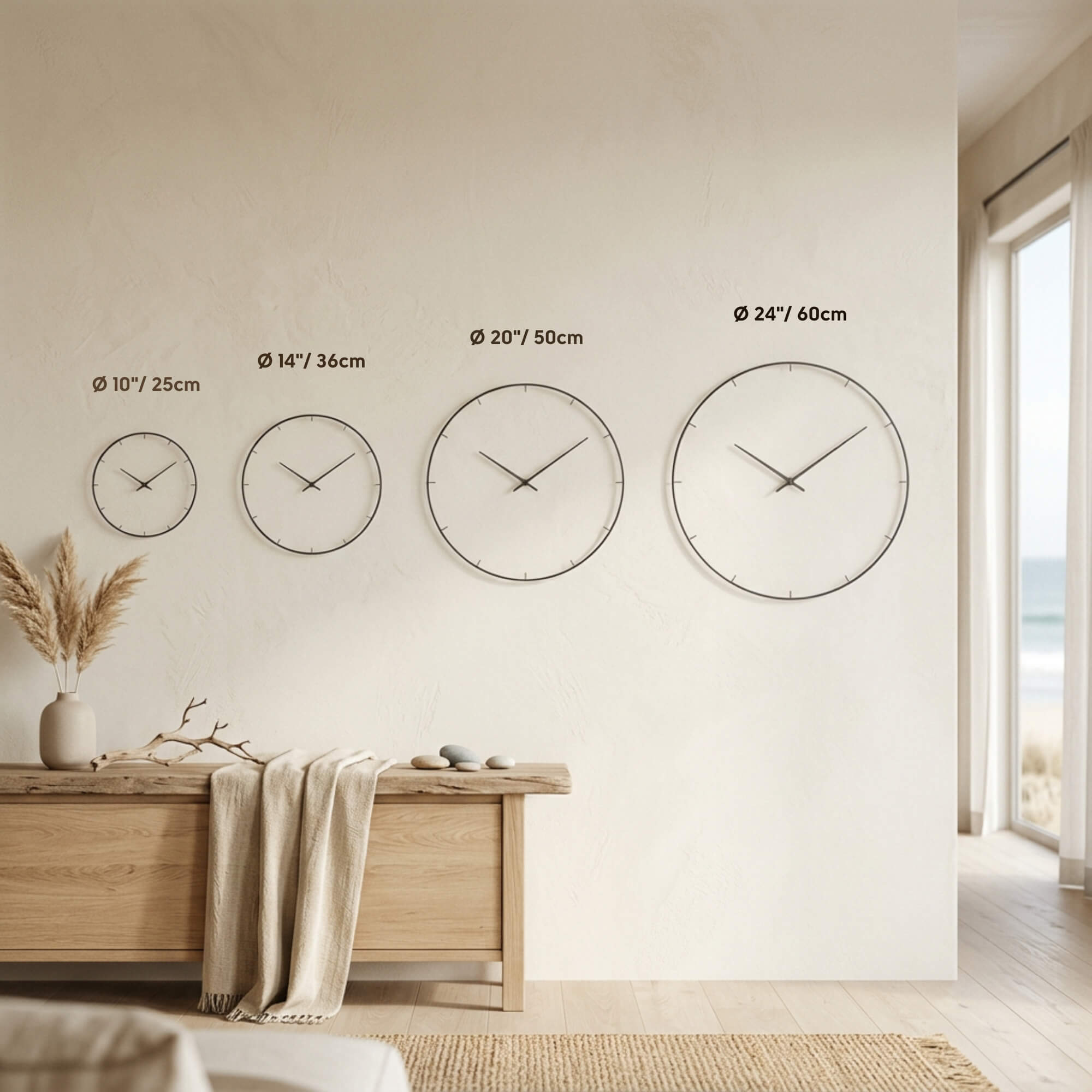 Size comparison chart showing four round wall clocks displayed in a bright neutral coastal interior. The available clock sizes are labeled 10"/25 cm, 14"/36 cm, 20"/50 cm, and 24"/60 cm, helping customers compare their scale on a wall above furniture.