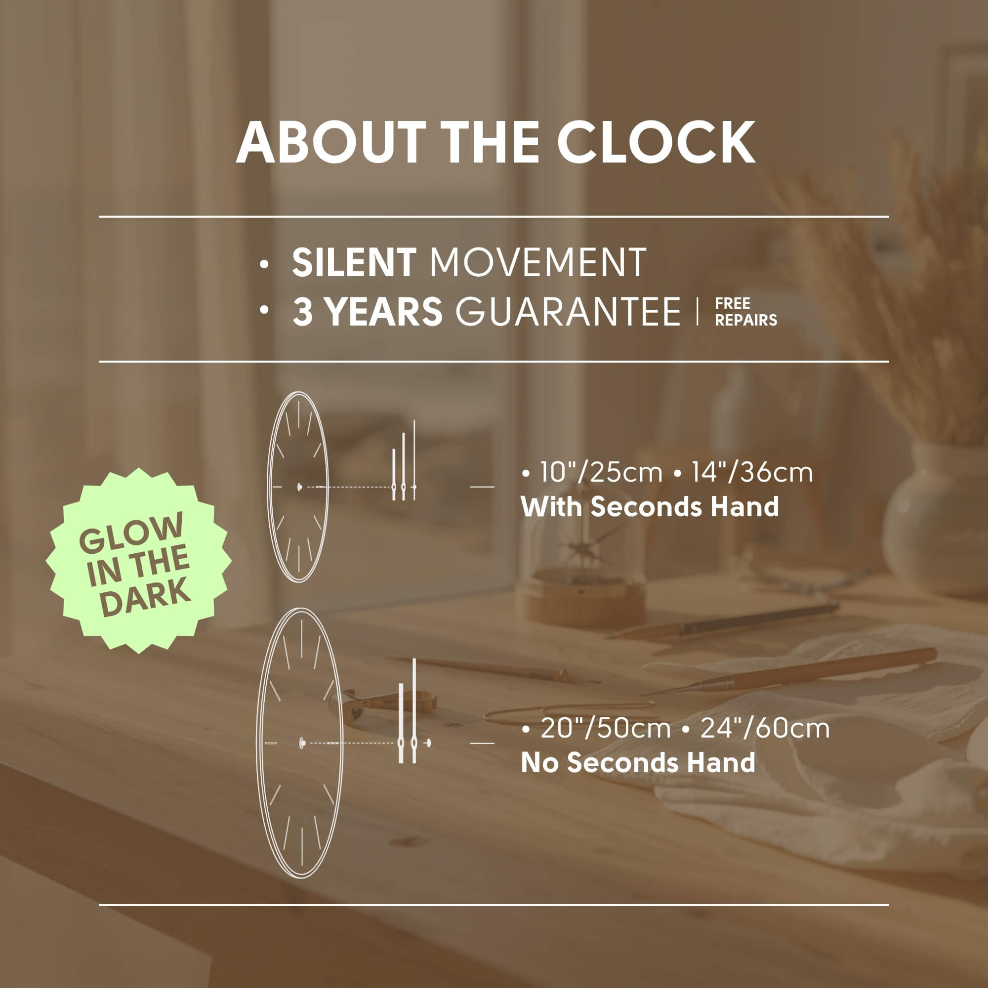 Infographic showing the Moon glass wall clock features, including silent quartz movement, 3-year warranty, glow-in-the-dark effect, and available sizes with and without a second hand.