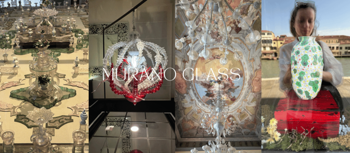 Колаж от посещението на Milliart Glass в Мурано, Италия – впечатляващи стъклени експонати от Музея на стъклото, артистичен полилей от муранско стъкло и ръчно изработена декоративна ваза край каналите на Венеция.
